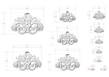 Load image into Gallery viewer, a collection of ornate, decorative designs in a 3D style, with measurements and scale details provided. The designs are in various sizes and orientations, showcasing the intricate details and craftsmanship.