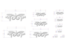 Load image into Gallery viewer, a collection of various sizes of decorative scrollwork designs, each accompanied by its own set of measurements. The designs are depicted in a white color, and the accompanying text provides the dimensions of each design in centimeters.