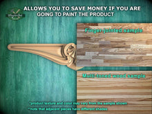 Load image into Gallery viewer, The image is a promotional advertisement for Master Oak, a company that sells wood products. It features a close-up of a wooden surface with a carved design, along with a sample of the product. The text on the image provides information about the product, including the cost savings of painting the product and the variety of wood textures and colors available.