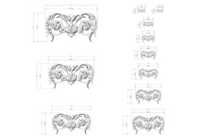 Load image into Gallery viewer, a series of ornate, decorative designs or patterns, each accompanied by a set of measurements or dimensions. The designs are intricate and visually appealing, showcasing the craftsmanship and attention to detail.