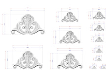 Load image into Gallery viewer, a collection of ornate, decorative designs in a monochromatic color scheme, with various sizes and shapes. The designs are detailed with measurements and scale drawings, suggesting they are intended for use in a design or architectural context.