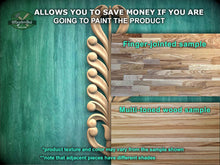 Load image into Gallery viewer, The image is a promotional advertisement for Master Oak Paint, featuring a close-up of a wooden sample with a decorative element. The text on the image provides information about the paint product, including the ability to save money by painting the product, a finger-joined sample, and a multi-toned wood sample. The text also mentions that the product texture and color may vary from the sample shown and that adjacent pieces have different shades.