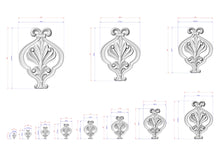 Load image into Gallery viewer, a collection of three ornate, decorative metal designs, each with its own unique size and shape. The designs are shown in a grid format, with each design being a separate element. The image also includes measurements and scale drawings for each design, providing a detailed visual representation of the intricate details and craftsmanship of the metalwork.