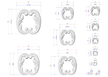 Load image into Gallery viewer, various sizes of ornate, decorative moldings or sculptures, each with its own unique design. The moldings are depicted in different sizes, ranging from small to large, and are shown in a grid format with measurements provided. The image does not contain any text, and the descriptions provided are concise and avoid redundancy.