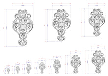 Load image into Gallery viewer, a collection of ornate, decorative designs with intricate patterns and measurements. The designs are presented in various sizes, ranging from small to large, and are arranged in a grid-like pattern. The image does not contain any text or additional elements that would require a more detailed description.