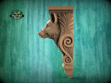 Load image into Gallery viewer, Boar Corbel — Ornamental Wooden Bracket with Wild Boar Motif