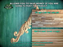 Load image into Gallery viewer, Custom order. Peacock in Bloom Wood Carving – Elegant Corner Decor Element, Unpainted, two pairs, Finger-jointed multi-toned wood