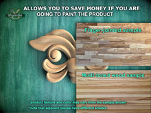 Load image into Gallery viewer, The image is a promotional advertisement for Master Oak, a company that sells wood products. It features a close-up of a wooden carving and a sample of wood with different textures and colors, along with text providing information about the products.