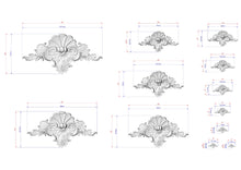Load image into Gallery viewer, a collection of ornate, decorative designs in a monochromatic style, with measurements and scale details provided.