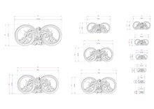 Load image into Gallery viewer, various sizes of ornate, decorative designs with intricate floral and scrollwork elements. The designs are presented in a grid format, with each design having its own set of measurements and dimensions. The image does not contain any text or additional elements that would require a more detailed description.