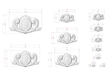 Load image into Gallery viewer, various sizes of decorative white floral designs, each with its own set of measurements and dimensions. The designs are arranged in a grid format, with each row representing a different size and the columns representing different types of designs. The image does not contain any text or additional elements that would require a more detailed description.