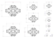 Load image into Gallery viewer, a collection of intricate designs, including floral and scroll motifs, along with their respective dimensions. The designs are presented in various sizes, ranging from small to large, and are arranged in a grid format. The image does not contain any text or additional elements that would require a more detailed description.