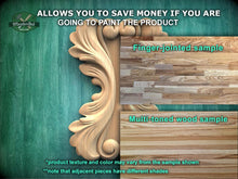 Load image into Gallery viewer, The image is a collage of two wood samples, one with a finger-jointed sample and the other with a multi-toned wood sample. The text above the samples states that the product allows you to save money if you are going to paint the product. The samples are labeled with their respective product textures and colors, and there is a note that adjacent pieces have different shades.