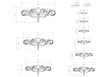 Load image into Gallery viewer, a series of decorative designs, including a central design with a floral motif and a series of smaller designs surrounding it. The designs are shown in various sizes, ranging from small to large, and are accompanied by detailed measurements and scale drawings.