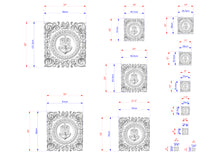 Load image into Gallery viewer, various sizes of ornate, decorative designs, including a central circular design surrounded by smaller square and rectangular shapes. The designs are detailed with measurements and dimensions, providing a visual representation of the patterns and shapes.