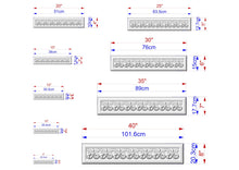 Load image into Gallery viewer, a series of seven different sizes of decorative moldings, each with its own unique design. The moldings are shown in various dimensions, ranging from 5.1 cm to 17.7 cm. The image provides a clear visual representation of the different sizes and allows for easy comparison between the various moldings.