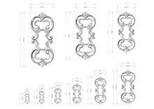 Load image into Gallery viewer, several ornate, decorative designs with intricate scrollwork and floral elements. The designs are accompanied by detailed measurements in millimeters, providing a scale for the viewer.