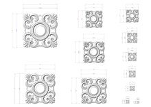 Load image into Gallery viewer, various sizes of ornate, decorative patterns or designs, including square and circular shapes, as well as smaller, intricate details. The patterns are rendered in a white color, and the image is described in terms of dimensions and scale, providing a clear representation of the size differences between the different designs.