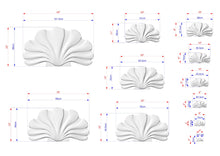 Load image into Gallery viewer, various sizes of white, wavy-shaped objects, likely representing a design or pattern. The objects are labeled with their respective dimensions, providing a visual representation of the size variations.