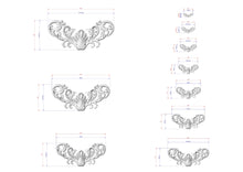 Load image into Gallery viewer, a series of ornate, decorative designs or patterns, each accompanied by a set of measurements or dimensions. The designs are arranged in a grid format, with each row representing a different design and each column representing a different measurement unit. The image is a collage of multiple images, and the descriptions provided should not be used to describe each individual image, but rather to provide a general understanding of the overall content of the image.