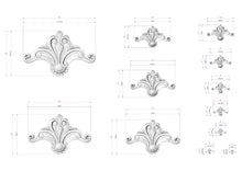 Load image into Gallery viewer, various sizes of decorative elements, such as a stylized flower or ornamental design, along with their corresponding dimensions. The image is a collection of different sizes of these decorative elements, providing a visual representation of their relative sizes and proportions.