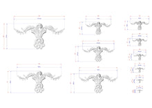 Load image into Gallery viewer, a series of decorative designs, including a bird-like figure, which are depicted in various sizes. The designs are shown in a grid format, with each design being a separate element. The image does not contain any text or additional information beyond the size measurements provided for each design.