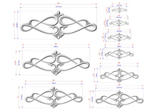 Load image into Gallery viewer, a collection of various sizes of decorative metal designs, including intricate patterns and swirls, as well as measurements and scale drawings.