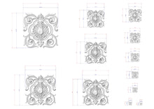 Load image into Gallery viewer, a collection of ornate, decorative designs with intricate scrollwork and floral elements. The designs are presented in various sizes, ranging from small to large, and are accompanied by detailed measurements in both inches and centimeters. The image is a collage of multiple images, showcasing the diverse range of designs and their respective dimensions.