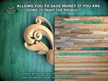 Load image into Gallery viewer, The image is a promotional advertisement for Master Oak, a company that specializes in painting wooden products. It features a close-up of a wooden sample with a decorative scroll design, along with a sample of multi-toned wood and a sample of finger-joined wood. The advertisement highlights the benefits of painting the product, such as saving money and showcasing the product's texture and color variations.