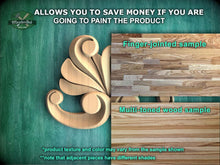 Load image into Gallery viewer, The image is a promotional advertisement for Master Oak, a company that sells wood products. It features a close-up of a wooden sample, including a finger-jointed sample and a multi-toned wood sample. The text on the image encourages viewers to save money by painting the product, highlighting the different textures and colors available. The image also mentions that the product texture and color may vary from the sample shown, and that adjacent pieces have different shades.