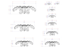 Load image into Gallery viewer, a series of images depicting various sizes of ornate, decorative elements, such as a flower or a scroll, with corresponding measurements provided in centimeters.