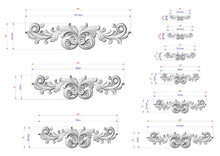 Load image into Gallery viewer, a collection of ornate, decorative designs with intricate scrollwork and floral patterns. The designs are accompanied by their respective measurements, providing a clear visual representation of the size and scale of the decorative elements.