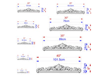 Load image into Gallery viewer, a series of ornate, decorative carvings or sculptures, each with its own unique size and design. The carvings are depicted in various sizes, ranging from small to large, and are arranged in a grid-like pattern. The image provides detailed measurements and dimensions for each carving, allowing for a clear understanding of the scale and proportions of the artwork.