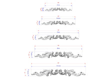 Load image into Gallery viewer, The image displays a series of five ornamental designs, each with its own unique size and shape. The designs are depicted in a detailed manner, showcasing the intricate patterns and measurements associated with their creation.