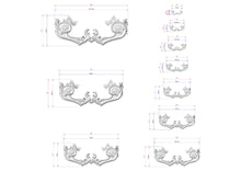Load image into Gallery viewer, a series of ornate, decorative designs or patterns, each accompanied by a set of measurements in millimeters. The designs are intricate and visually appealing, showcasing the craftsmanship and attention to detail.