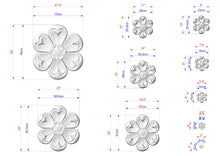 Load image into Gallery viewer, a collection of flower-shaped designs, each with its own size and dimensions. The flowers are depicted in various sizes, ranging from small to large, and are shown in different stages of completion. The image provides a detailed visual representation of the flower designs, allowing for a clear understanding of their sizes and shapes.