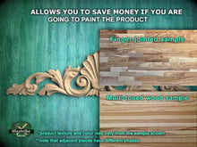Load image into Gallery viewer, The image is a comparison of two different types of wood samples, one being a finger-jointed sample and the other being a multi-toned wood sample. The finger-jointed sample is shown against a teal background, while the multi-toned wood sample is shown against a wooden background. The text above the samples states that the product allows you to save money if you are going to paint the product.