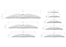 Load image into Gallery viewer, a series of white, decorative bird-like sculptures with varying sizes, each accompanied by a scale drawing and dimensions.