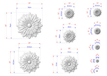 Load image into Gallery viewer, various sizes of white flower-like sculptures, each with its own set of dimensions and measurements. The sculptures are arranged in a grid-like pattern, providing a visual representation of the different sizes of the flowers.