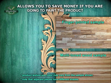 Load image into Gallery viewer, The image is a promotional image for Master Oak Paint, showcasing a variety of wood samples. It features a wooden panel with a decorative design, a finger-jointed sample, and a multi-toned wood sample. The text on the image provides information about the paint product, including that it allows for savings if the product is painted, and that the product texture and color may vary from the sample shown. The image also mentions that adjacent pieces have different shades.