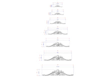 Load image into Gallery viewer, a series of six different designs or patterns, each accompanied by a corresponding measurement in centimeters. The designs are arranged in a vertical column, with each design being slightly larger than the one below it. The measurements are provided in both red and blue, indicating the size of each design.