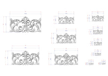Load image into Gallery viewer, a collection of ornate, decorative designs in a black and white style, with measurements and scale details provided.