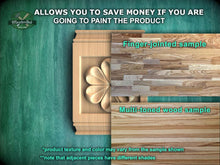 Load image into Gallery viewer, The image is a promotional advertisement for Master Oak, a company that sells wood products. It features a close-up of a wooden panel with a carved design, along with a sample of the product. The text on the image provides information about the product, including the cost of painting the product and the different types of wood samples available. The image is a collage of multiple images, and the text is concise and avoids redundancy.