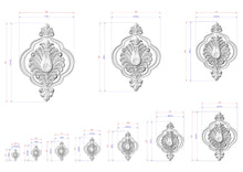 Load image into Gallery viewer, a collection of ornate, decorative designs in a 3D style, with measurements and scale details provided.