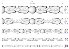 Load image into Gallery viewer, a series of five different designs or patterns, each with its own set of measurements and dimensions. The designs are presented in a grid format, with each design being a separate row and column. The image provides a clear visual representation of the various patterns and their corresponding measurements, allowing for a detailed understanding of the design elements and their relative sizes.
