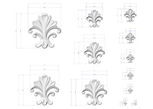 Load image into Gallery viewer, a collection of stylized, decorative white floral designs with accompanying measurements. The designs are arranged in a grid format, with each design being a separate image. The measurements provided are in millimeters, indicating the size of the floral designs. The image does not contain any text or additional elements that would require a more detailed description.