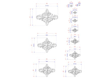 Load image into Gallery viewer, a series of white, decorative flower-like shapes with varying sizes, each accompanied by a set of measurements in centimeters. The shapes are arranged in a grid-like pattern, with each row representing a different size and the columns representing the different shapes. The image does not contain any text or additional objects, and the relative positions of the shapes and their measurements are consistent throughout the image.