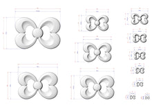 Load image into Gallery viewer, a collection of various sizes of white, stylized butterfly-like shapes, each accompanied by its own set of measurements and dimensions.