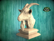 Load image into Gallery viewer, Goat Wooden Finial for Staircase Newel Post, Goat finial bed post, Goat statue of wood, Wooden Goatt statue cap