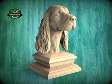 Load image into Gallery viewer, English Cocker Spaniel wooden statue, English Cocker Spaniel finial bed post, Cocker Spaniel statue of wood, Wooden dog statue cap